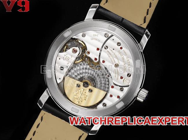 Top Watch Complicated Functions Timepiece V9 Factory Patek Philippe White Dial Leather Strap Back Real Shot