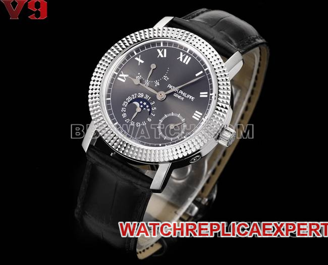 collectible watch complication timepiece V9 FactoryPatek Philippeblack dial leather braceletfront live photo