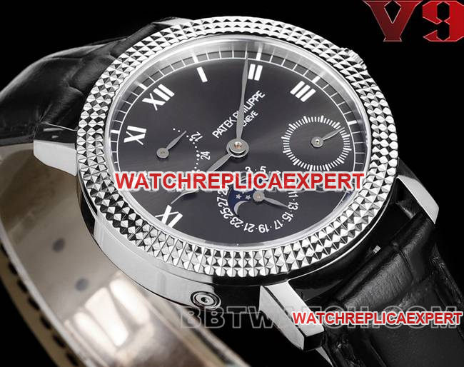 collectible watch complication timepiece V9 FactoryPatek Philippeblack dial leather braceletfront live photo