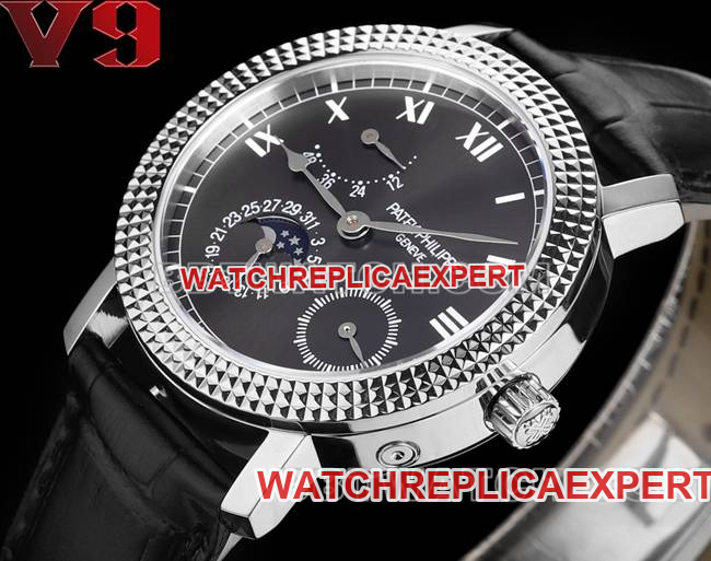 collectible watch complication timepiece V9 FactoryPatek Philippeblack dial leather braceletfront live photo