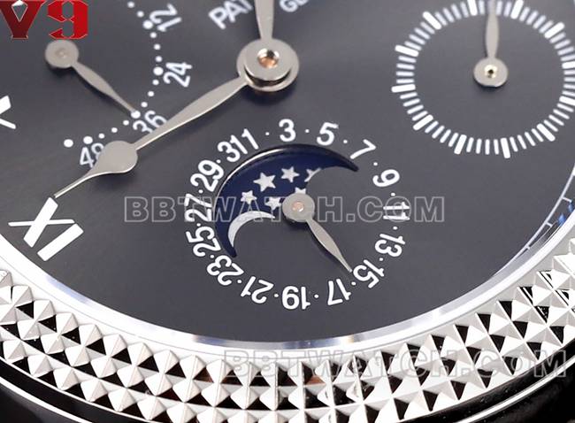 collectible watch complication timepiece V9 FactoryPatek Philippeblack dial leather braceletfront live photo
