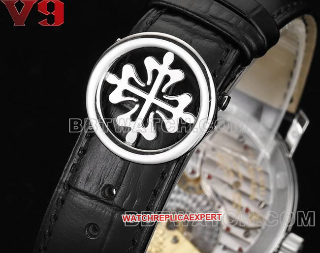 collectible watch complication timepiece V9 FactoryPatek Philippeblack dial leather braceletbraceletlive photos