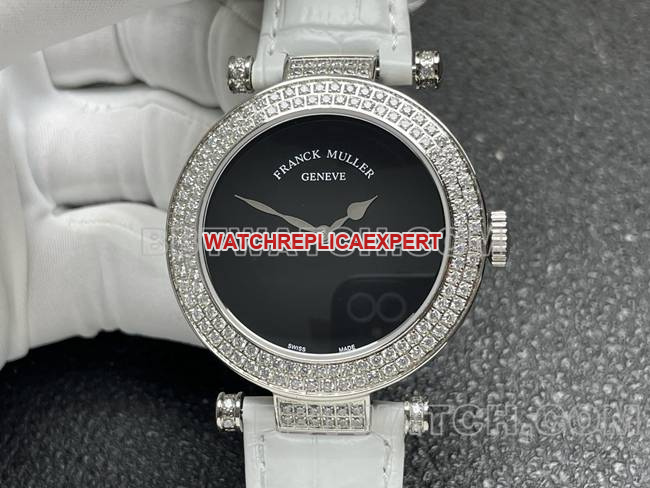top-tier watch frank mill quartz ABF factory black dialdiamond bezel white leather braceletfront live photo
