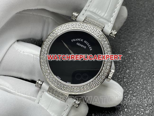 top-tier watch frank mill quartz ABF factory black dialdiamond bezel white leather braceletfront live photo