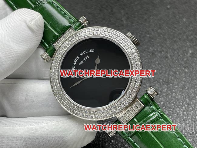 collectible watch frank mill quartz ABF factory black dialdiamond bezel green leather braceletfront live photo