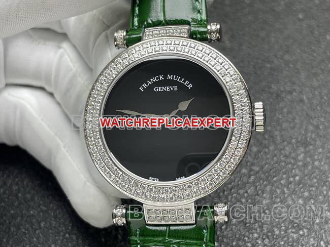 collectible watch frank mill quartz ABF factory black dialdiamond bezel green leather braceletfront live photo