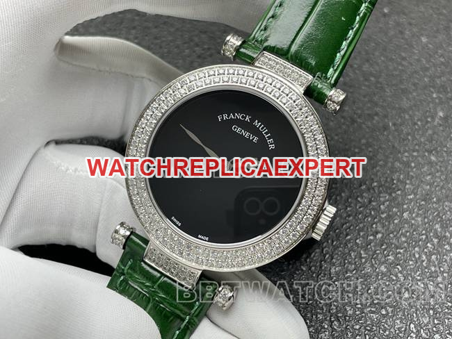 collectible watch frank mill quartz ABF factory black dialdiamond bezel green leather braceletfront live photo