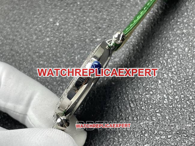 collectible watch frank mill quartz ABF factory black dialdiamond bezel green leather braceletside live photo