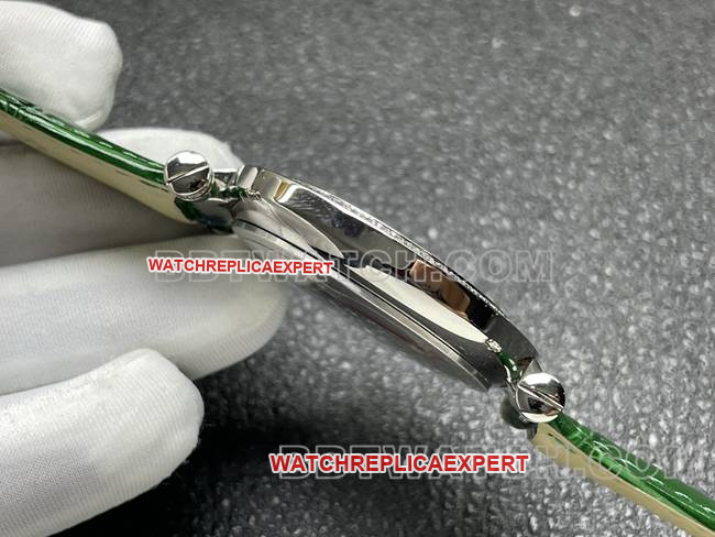 collectible watch frank mill quartz ABF factory black dialdiamond bezel green leather braceletside live photo
