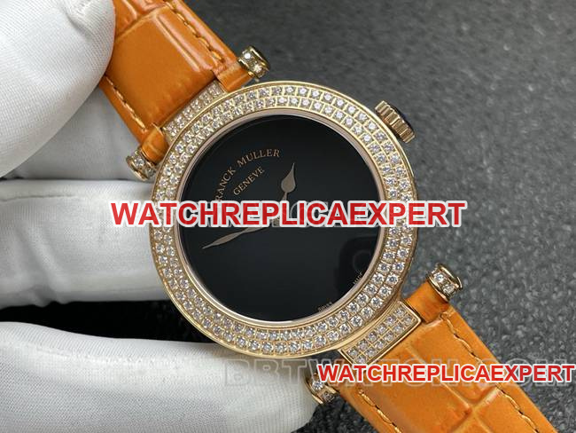 watch frank mill quartz ABF factory black dial gold diamond bezel orange leather braceletfront live photo