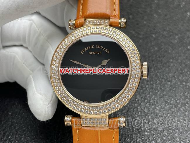 watch frank mill quartz ABF factory black dial gold diamond bezel orange leather braceletfront live photo