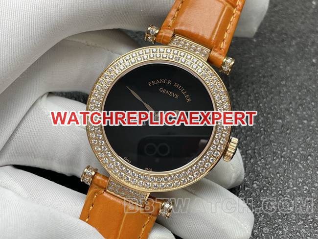 watch frank mill quartz ABF factory black dial gold diamond bezel orange leather braceletfront live photo