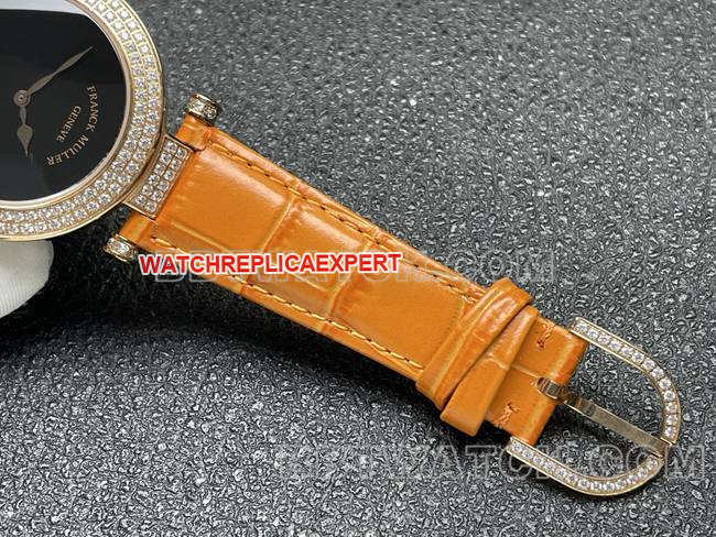 watch frank mill quartz ABF factory black dial gold diamond bezel orange leather braceletbraceletlive photos