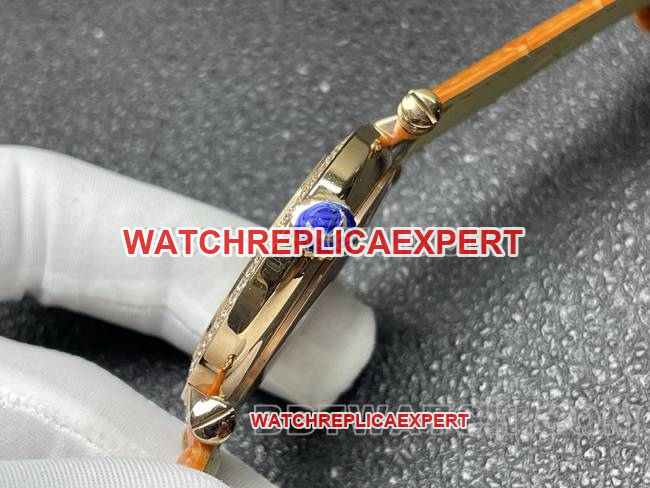 watch frank mill quartz ABF factory black dial gold diamond bezel orange leather braceletside live photo