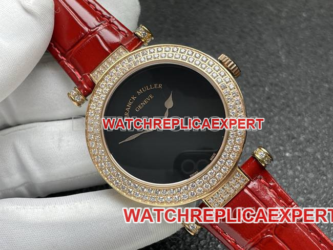 collectible watch frank mill quartz ABF factory black dial gold diamond bezel red leather braceletfront live photo