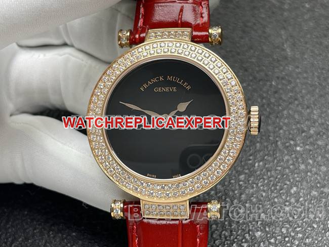 collectible watch frank mill quartz ABF factory black dial gold diamond bezel red leather braceletfront live photo