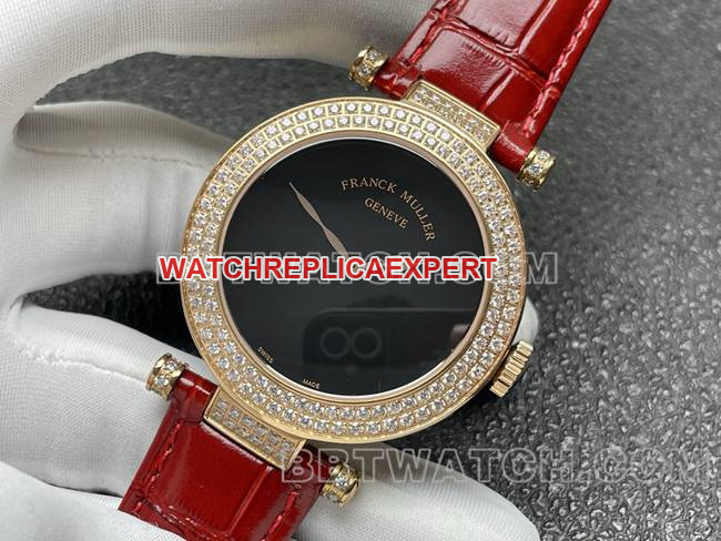 collectible watch frank mill quartz ABF factory black dial gold diamond bezel red leather braceletfront live photo