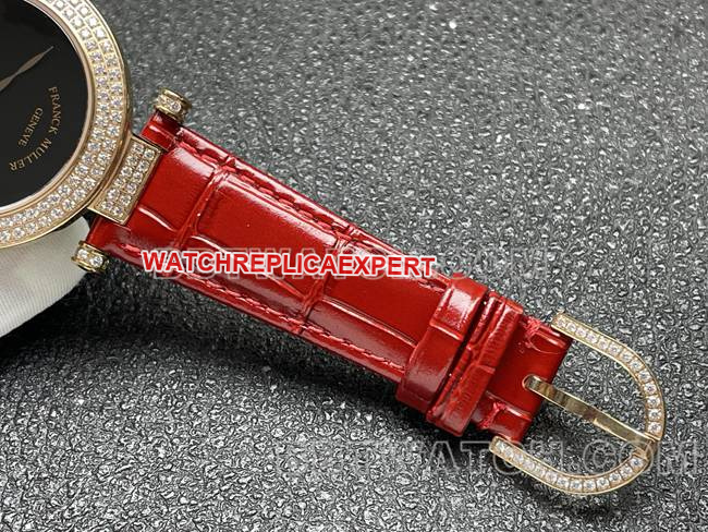 collectible watch frank mill quartz ABF factory black dial gold diamond bezel red leather braceletbraceletlive photos