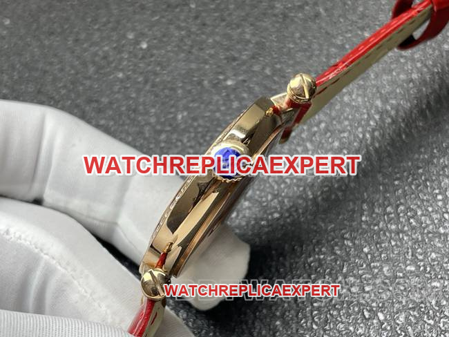 collectible watch frank mill quartz ABF factory black dial gold diamond bezel red leather braceletside live photo