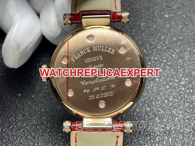 collectible watch frank mill quartz ABF factory black dial gold diamond bezel red leather braceletcaseback live photo