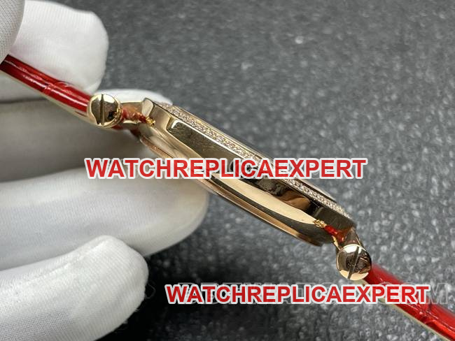 collectible watch frank mill quartz ABF factory black dial gold diamond bezel red leather braceletside live photo