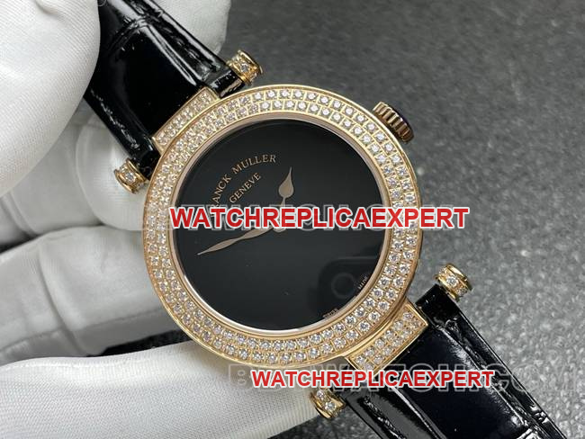 Franck Muller top-tier watchquartzABF factory black dial gold diamond bezel black leather braceletfront live photo