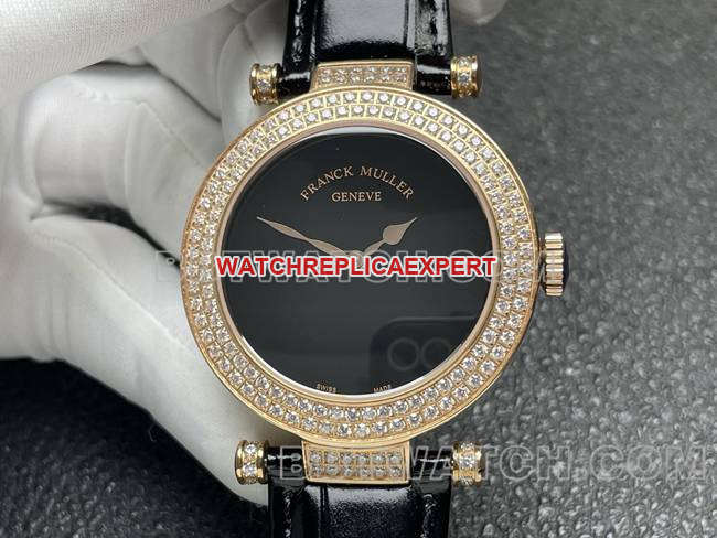 Franck Muller top-tier watchquartzABF factory black dial gold diamond bezel black leather braceletfront live photo
