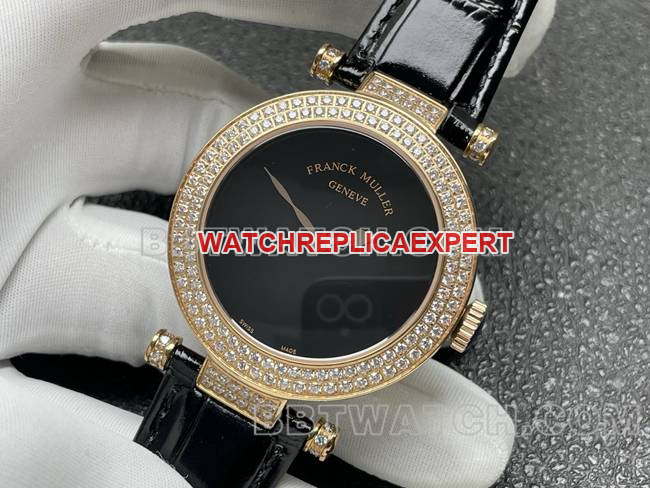 Franck Muller top-tier watchquartzABF factory black dial gold diamond bezel black leather braceletfront live photo
