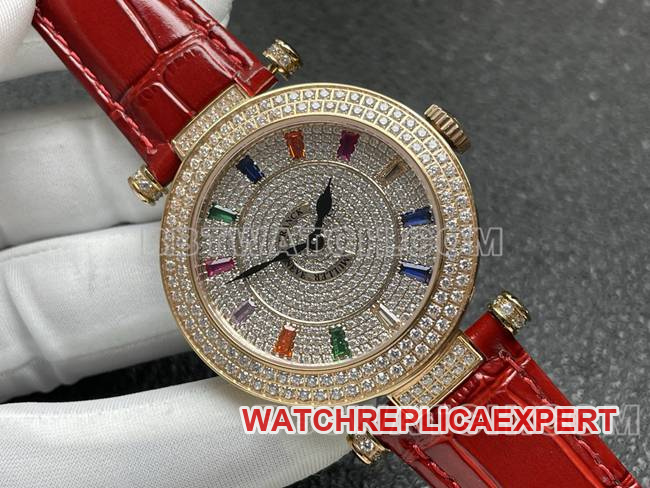 Frank Muller collectible watch quartzABF factory diamond plate gold diamond bezel red leather braceletfront live photo