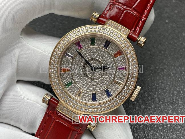 Frank Muller collectible watch quartzABF factory diamond plate gold diamond bezel red leather braceletfront live photo