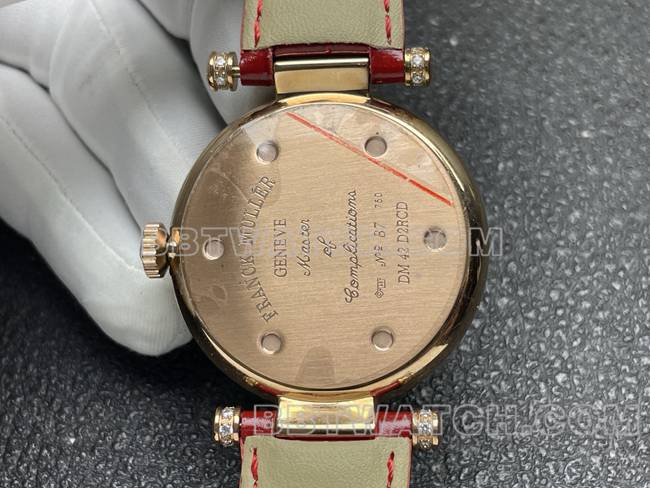 Frank Muller collectible watch quartzABF factory diamond plate gold diamond bezel red leather braceletcaseback live photo