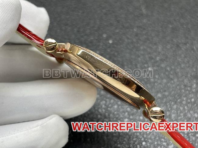 Frank Muller collectible watch quartzABF factory diamond plate gold diamond bezel red leather braceletside live photo