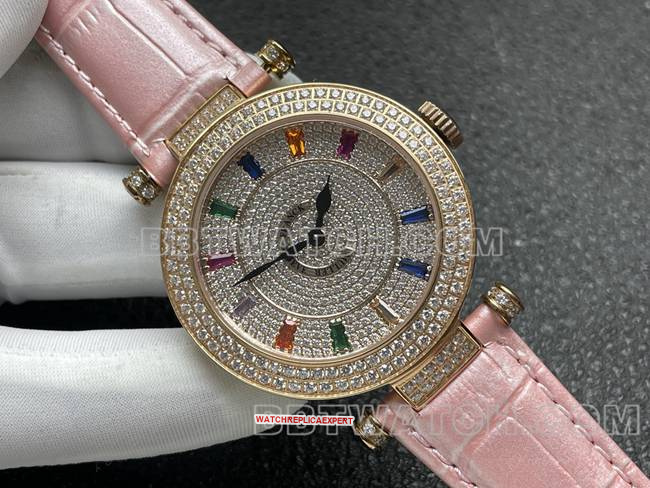 Frank Muller quartztop-tier watch ABF factory diamond plate gold diamond bezel pink leather braceletfront live photo