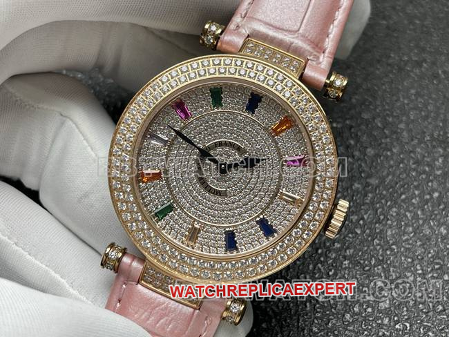 Frank Muller quartztop-tier watch ABF factory diamond plate gold diamond bezel pink leather braceletfront live photo