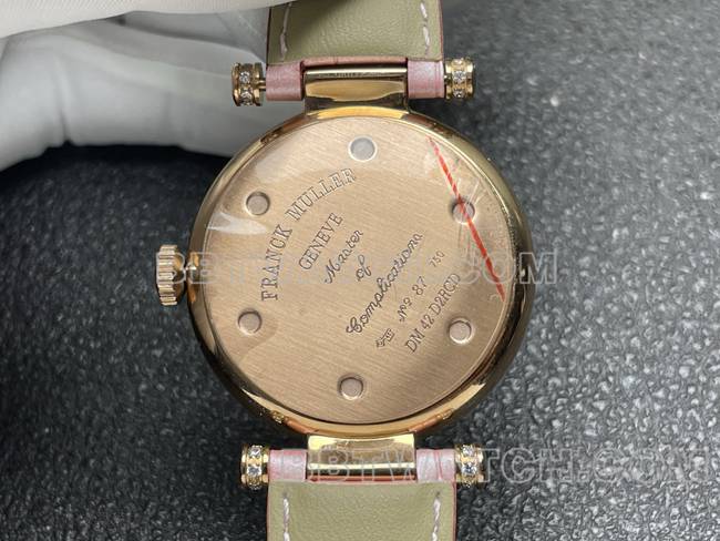 Franck Muller quartztop-tier watch ABF factory diamond plate gold diamond bezel pink leather braceletcaseback live photo