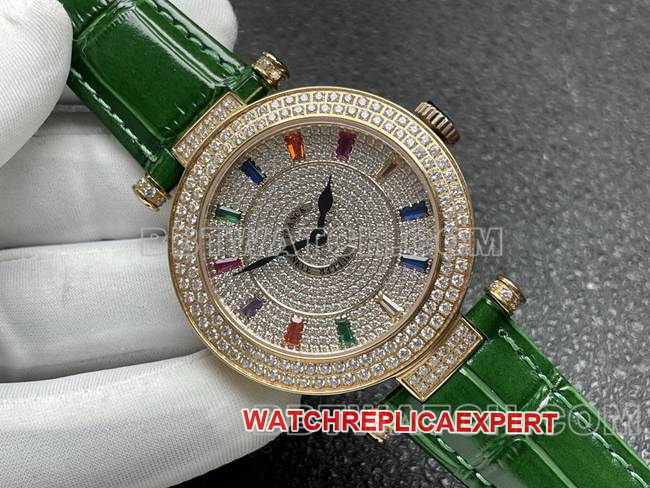 Franck Muller quartz collectible watch ABF factory diamond disc gold diamond bezel green leather braceletfront live photo