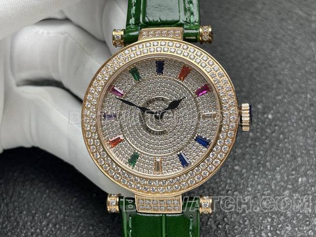 Franck Muller quartz collectible watch ABF factory diamond disc gold diamond bezel green leather braceletfront live photo