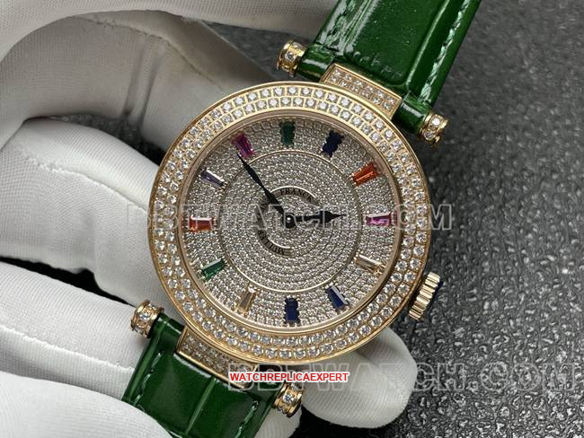 Franck Muller quartz collectible watch ABF factory diamond disc gold diamond bezel green leather braceletfront live photo