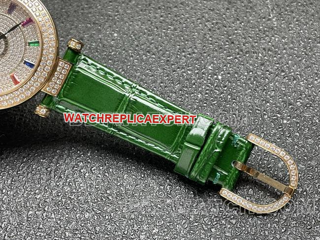 Frank Muller quartz collectible watch ABF factory diamond plate gold diamond bezel green leather braceletbraceletlive photos