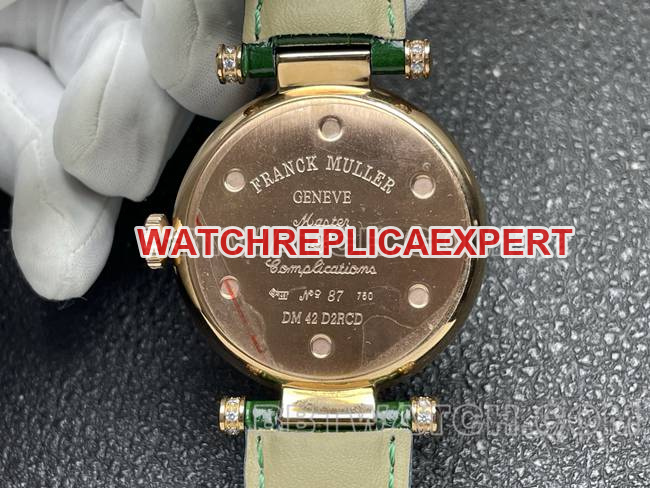Franck Muller quartz collectible watch ABF factory diamond plate gold diamond bezel green leather braceletcaseback live photo