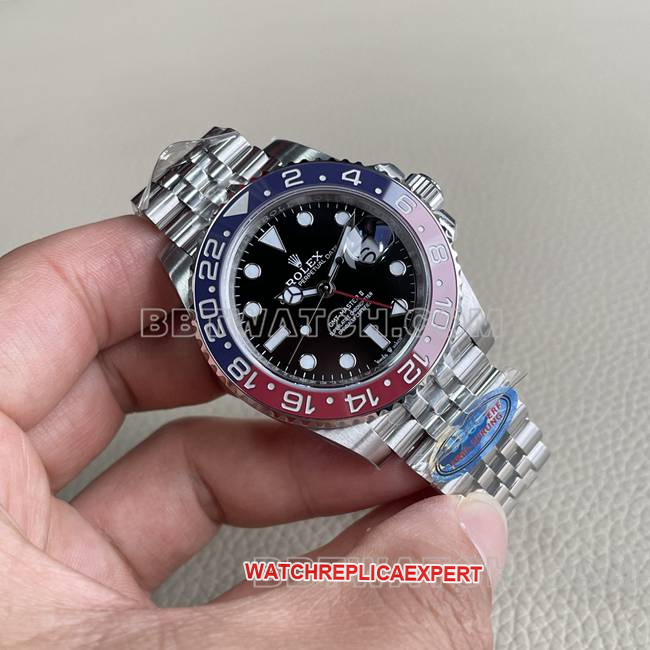 top-tier watch ERF factory GMT-MasterRolexblack dial red and blue circle 3285 mechanical front live photo