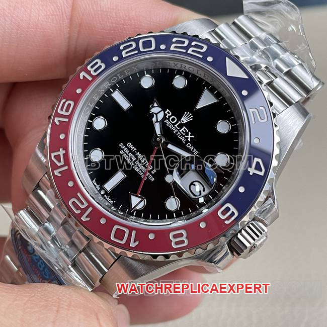top-tier watch ERF factory GMT-MasterRolexblack dial red and blue circle 3285 mechanical front live photo