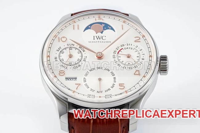 collectible watch APS factory Portugal IWC perpetual calendar white dial brown braceletfront live photo
