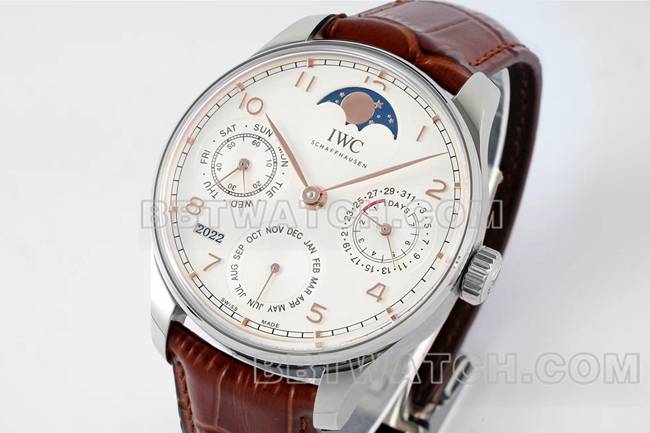 collectible watch APS factory Portugal IWC perpetual calendar white dial brown braceletfront live photo