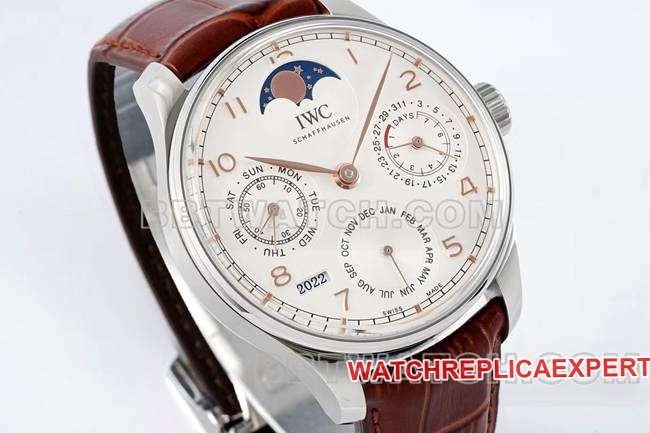 collectible watch APS factory Portugal IWC perpetual calendar white dial brown braceletfront live photo