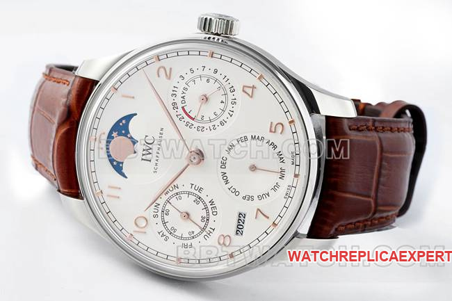 collectible watch APS factory Portugal IWC perpetual calendar white dial brown braceletfront live photo