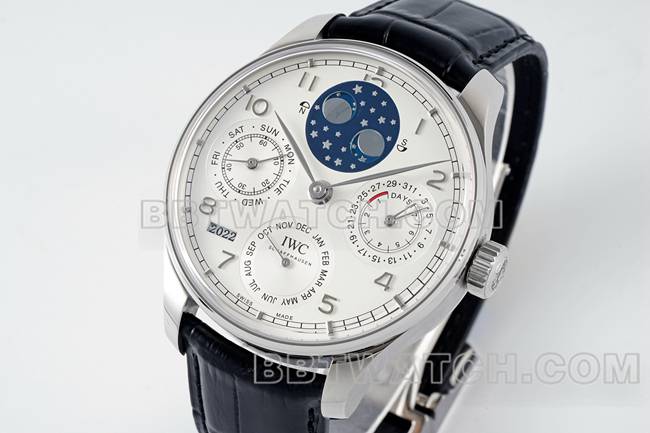 1:1replica watch APS factory Portugal IWC perpetual calendar white dial black braceletfront live photo