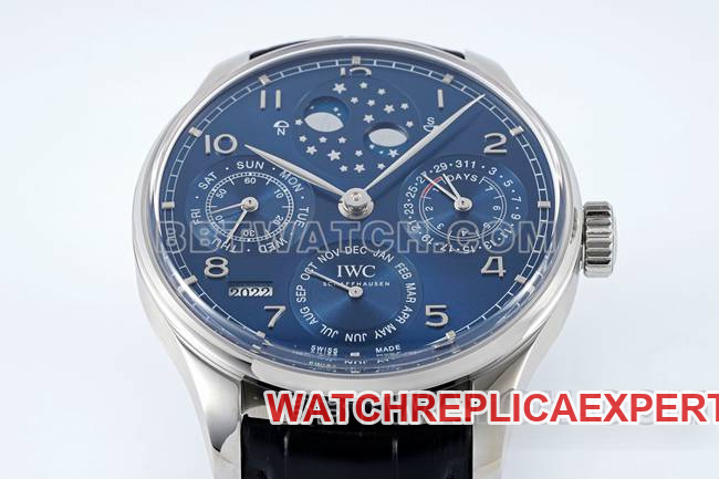 collectible watch APS factory Portugal IWC perpetual calendar blue dial black braceletfront live photo