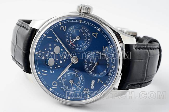 collectible watch APS factory Portugal IWC perpetual calendar blue dial black braceletfront live photo
