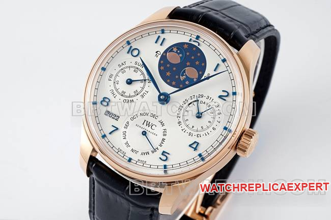 top-tier watch Portugal APS factory IWC perpetual calendar white dialrose goldfront live photo